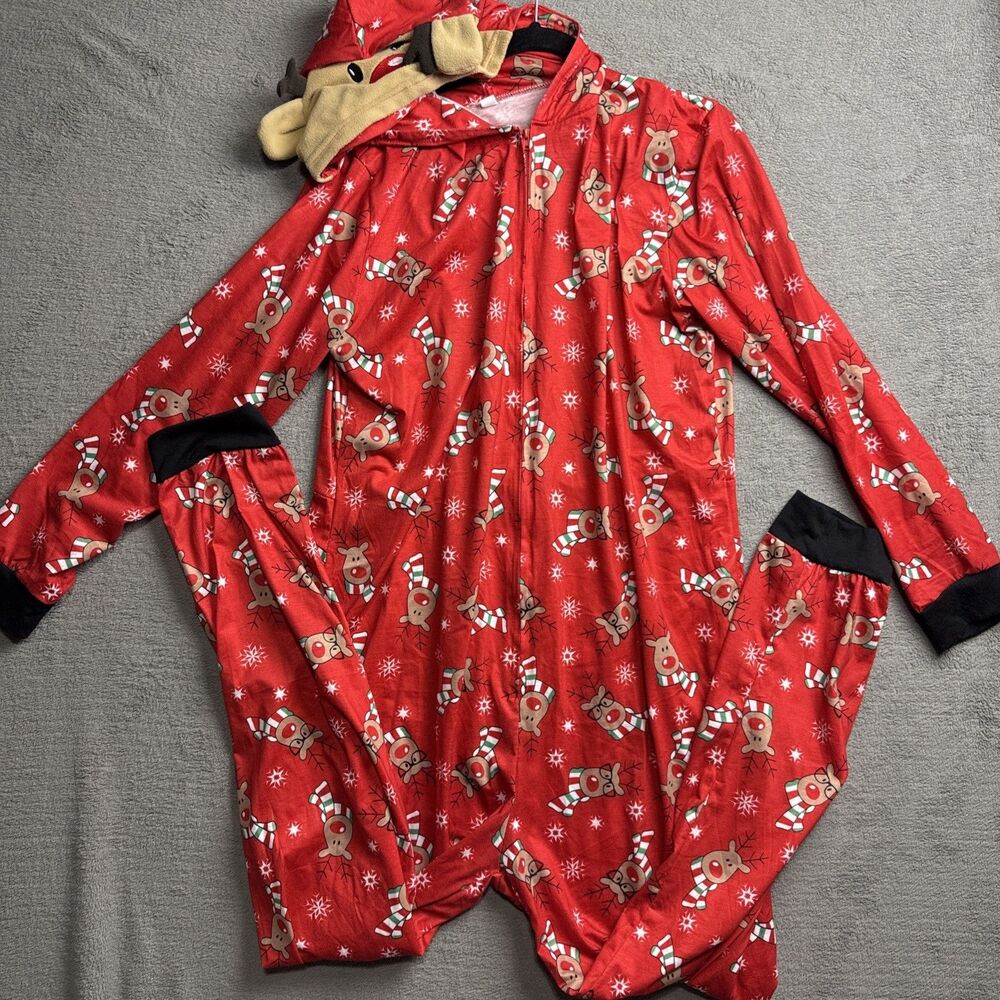 Mens one piece pajamas reindeer-with Antler Hoodie. size XL